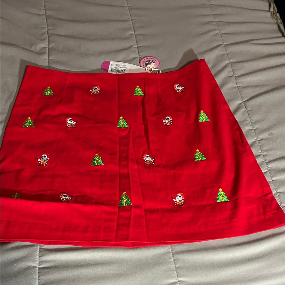 Castaway Festive Red Mini Skirt with Green Embroidery